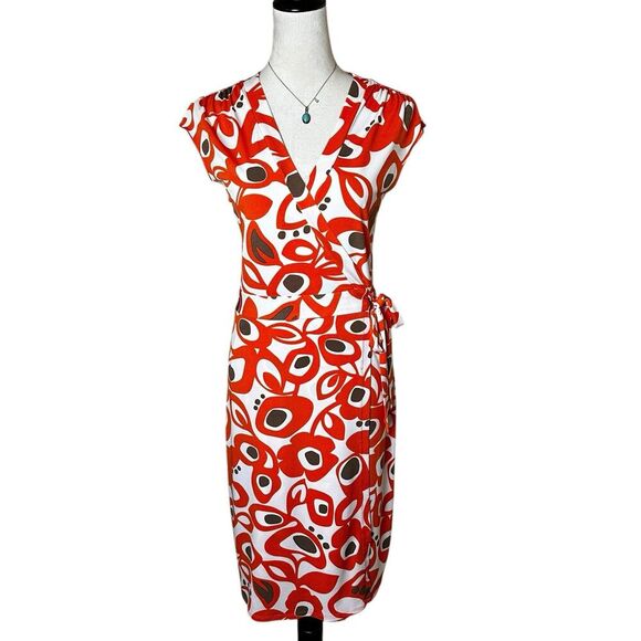 Bisou Bisou Orange Wrap Dress | Retro 70s Inspired Mod Abstract Print | Size 6 - Picture 1 of 9